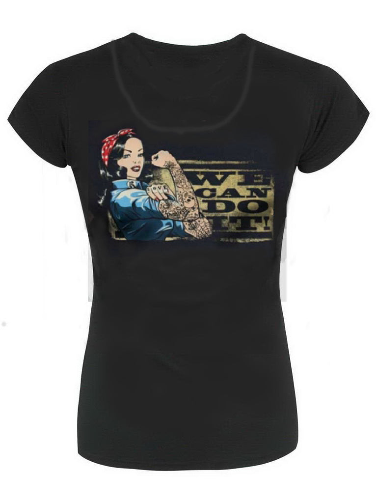WE CAN DO IT Pin Up Rockabilly Ladies T-Shirt - OPEN NECK!