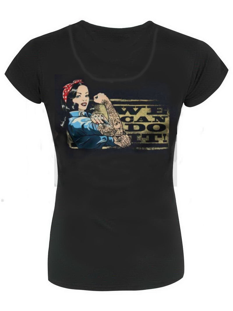 WE CAN DO IT Pin Up Rockabilly Ladies T-Shirt - OPEN NECK!