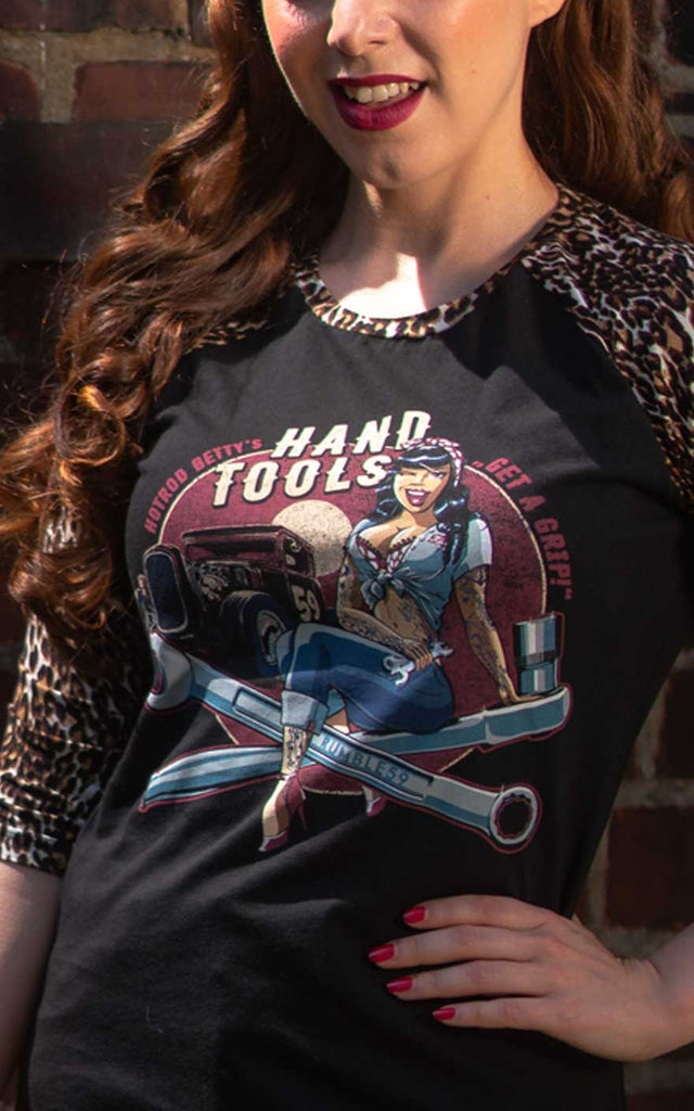 HAND TOOLS Pin Up Rockabilly Ladies T-Shirt 3/4 LEOPARD SLEEVES Special!