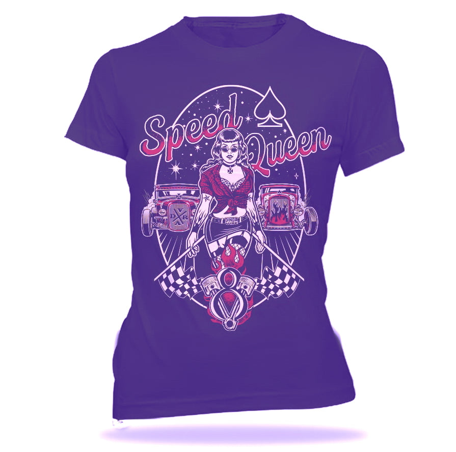 SPEED QUEEN - HOT ROD Pin Up Girl V8 Rockabilly T-Shirt Ladies VIOLET-purple