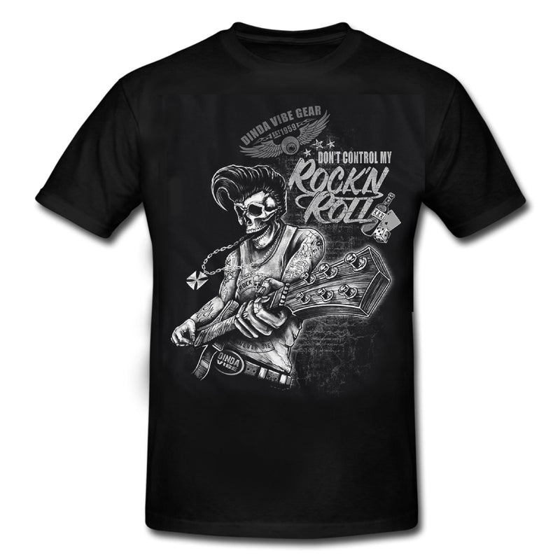 DON'T CONTROL MY ROCK N ROLL Rockabilly SKULL T-Shirt Black