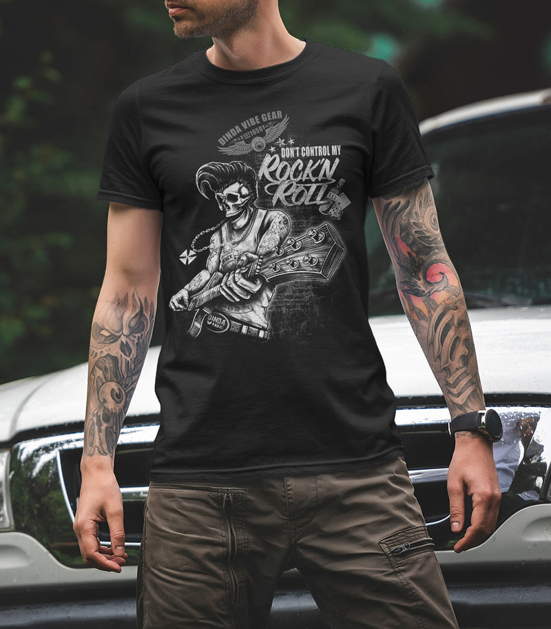 DON'T CONTROL MY ROCK N ROLL Rockabilly SKULL T-Shirt Black