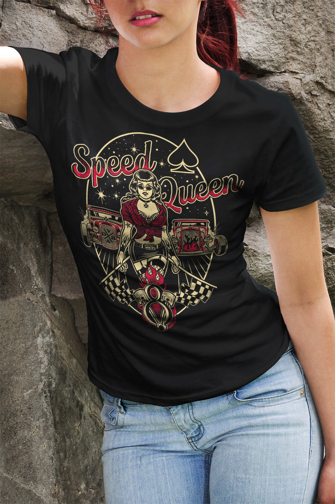 SPEED QUEEN - HOT ROD Pin Up Girl V8 Rockabilly T-Shirt Ladies