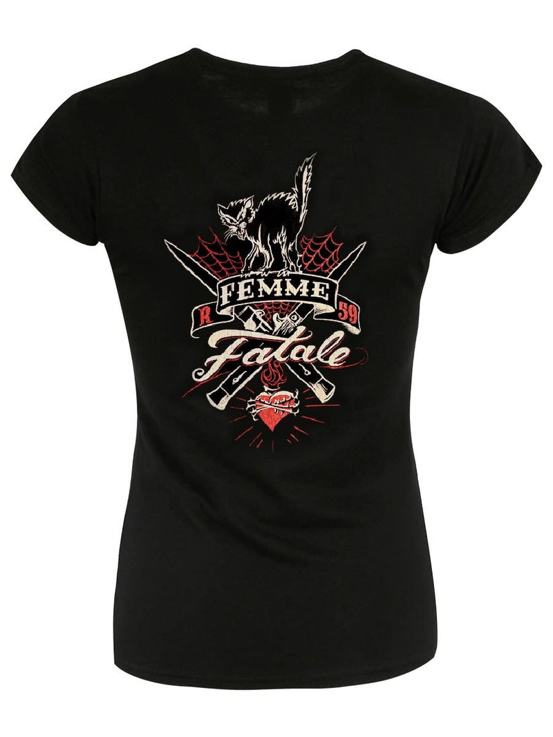 FEMME FATALE Pin Up Rockabilly SWITCHBLADE Black Cat Ladies T-Shirt Black