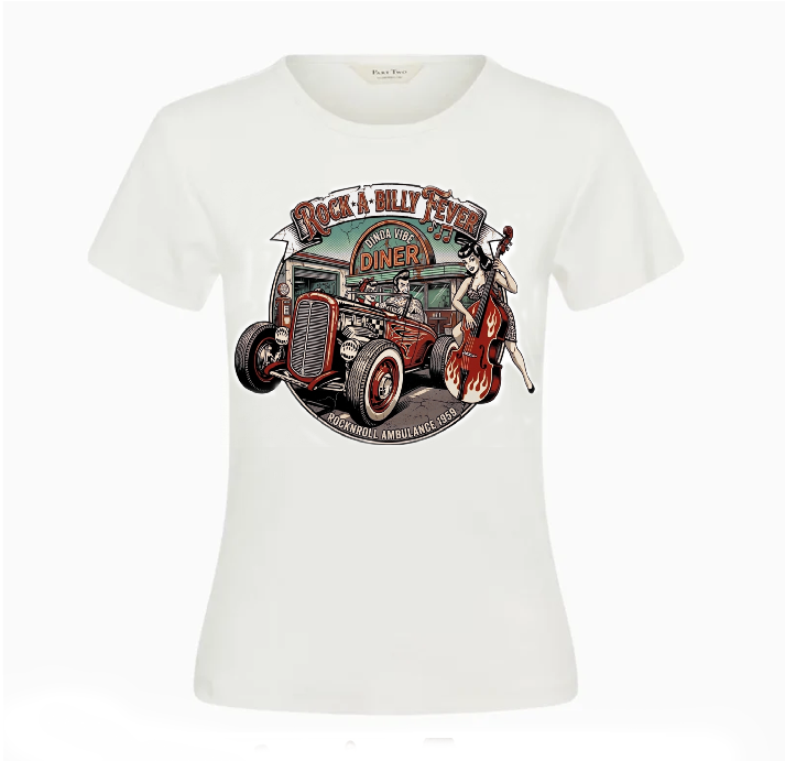 ROCKABILLY FEVER T-Shirt HOT ROD DINER Vintage WHITE Ladies