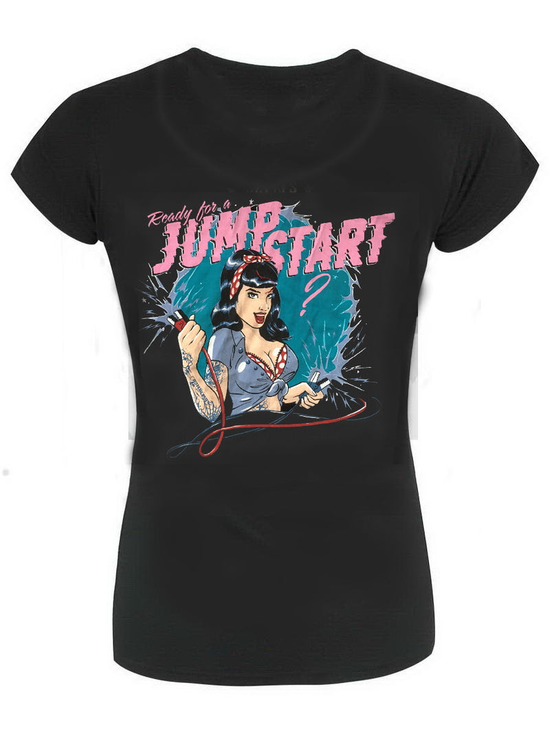 Ready for a JUMP START Pin Up Rockabilly Ladies T-Shirt OPEN NECK!