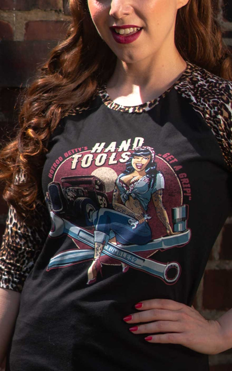 HAND TOOLS Pin Up Rockabilly Ladies T-Shirt 3/4 LEOPARD SLEEVES Special!