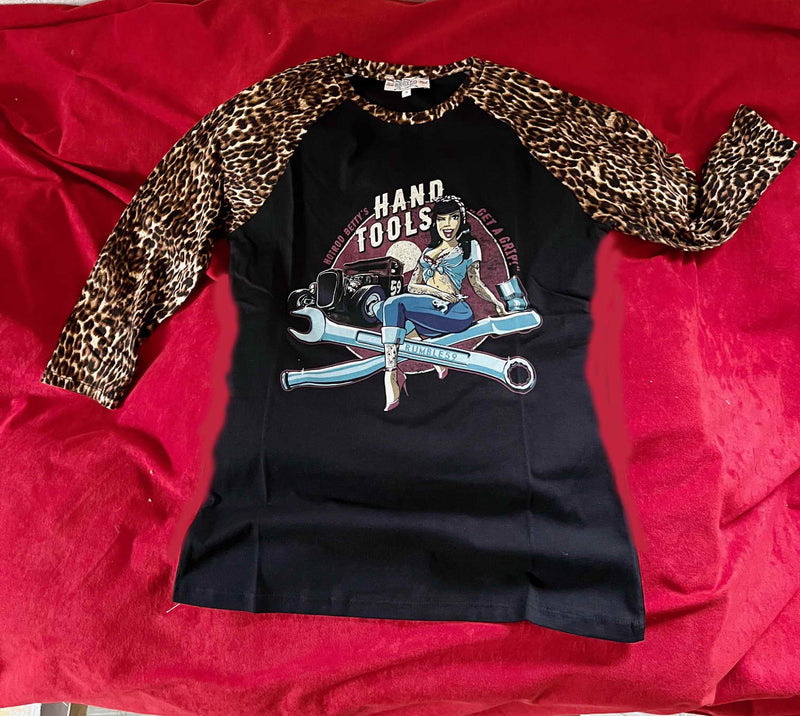 HAND TOOLS Pin Up Rockabilly Ladies T-Shirt 3/4 LEOPARD SLEEVES Special!