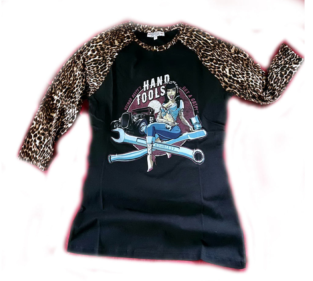 HAND TOOLS Pin Up Rockabilly Ladies T-Shirt 3/4 LEOPARD SLEEVES Special!