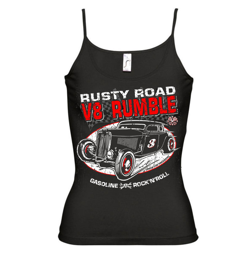 V8 RUMBLE 3 - Rusty Road - Rockabilly RAT ROD CAR Limited Edition Ladies TOP SPAGHETTI