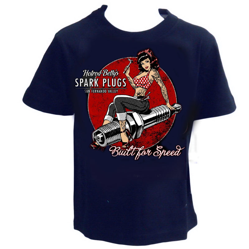 SPARKPLUGS - BUILT FOR SPEED  Pin Up Rockabilly T-Shirt KIDS Dark Blue