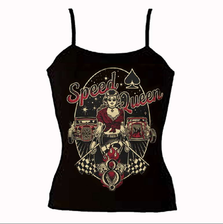 SPEED QUEEN - HOT ROD Pin Up Girl V8 Rockabilly Ladies TOP SPAGHETTI