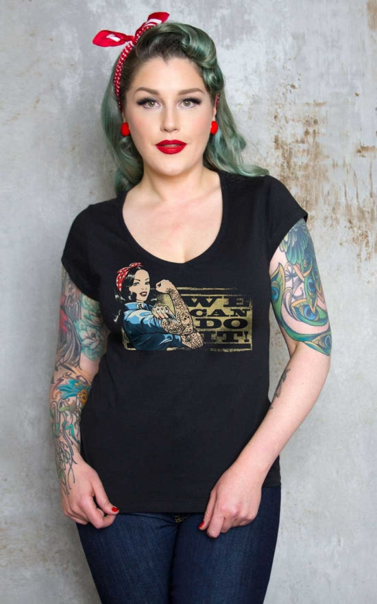 WE CAN DO IT Pin Up Rockabilly Ladies T-Shirt - OPEN NECK!