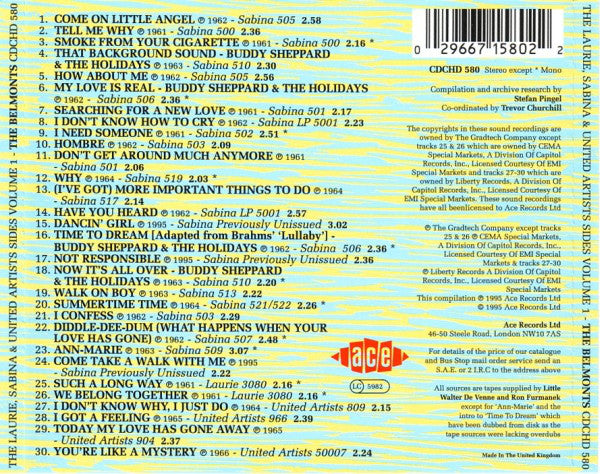 BELMONTS (THE) - The Laurie, Sabine & United Artists Sides VOLUME ONE Fantastic 30 Track CD
