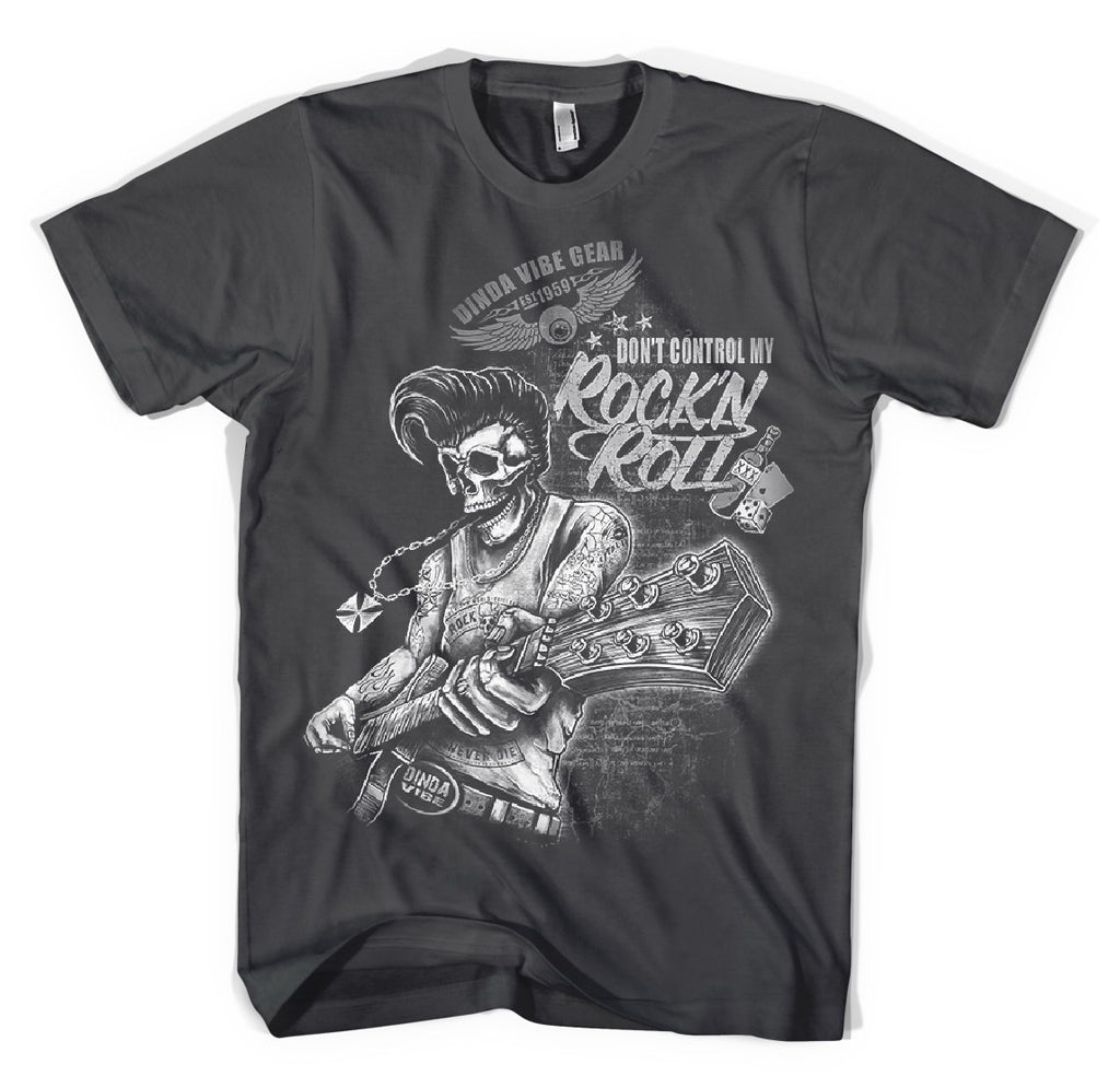 DON'T CONTROL MY ROCK N ROLL - Rockabilly Guitar Skeletor T-Shirt MENS Grey