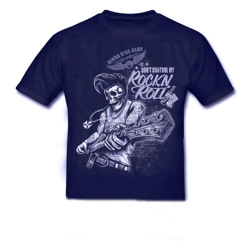 DON'T CONTROL MY ROCK N ROLL Rockabilly SKULL T-Shirt Dark Blue KIDS