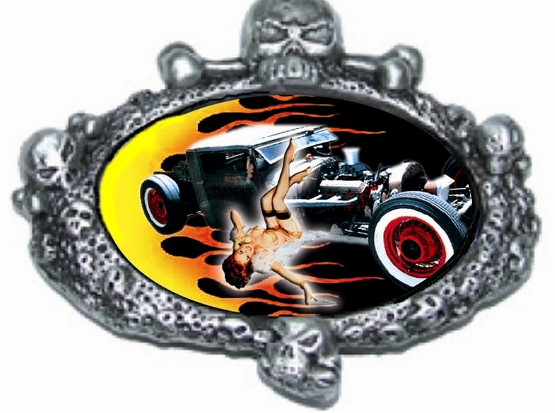 HOT ROD SKULL Pin Up GIRL ROCKABILLY Belt BUCKLE SPECIAL & Rare!
