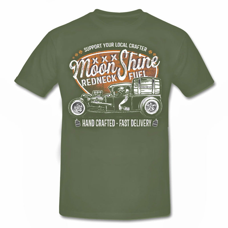 MOONSHINE - "REDNECK FUEL" HOT ROD Rockabilly T-Shirt OLIVE GREEN
