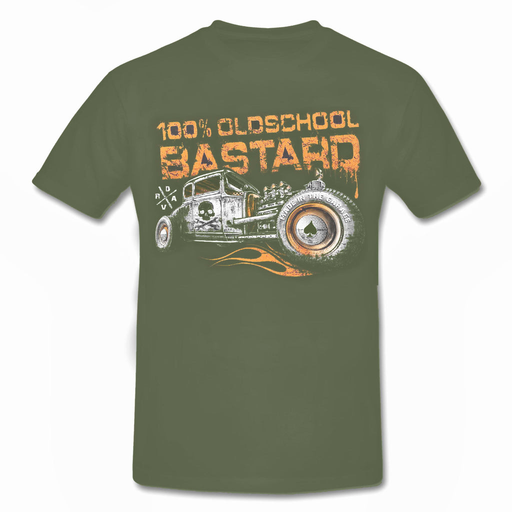 100% BASTARD "Made in Garage" HOT ROD Rockabilly T-Shirt olive green