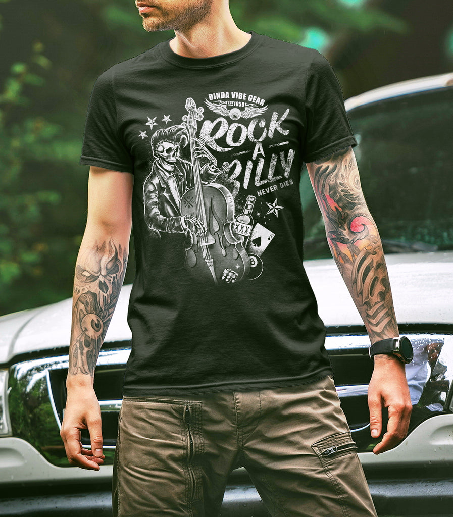 ROCKABILLY WILL NEVER DIE - SLAP BASS SKULL SKULL Original T-Shirt Black
