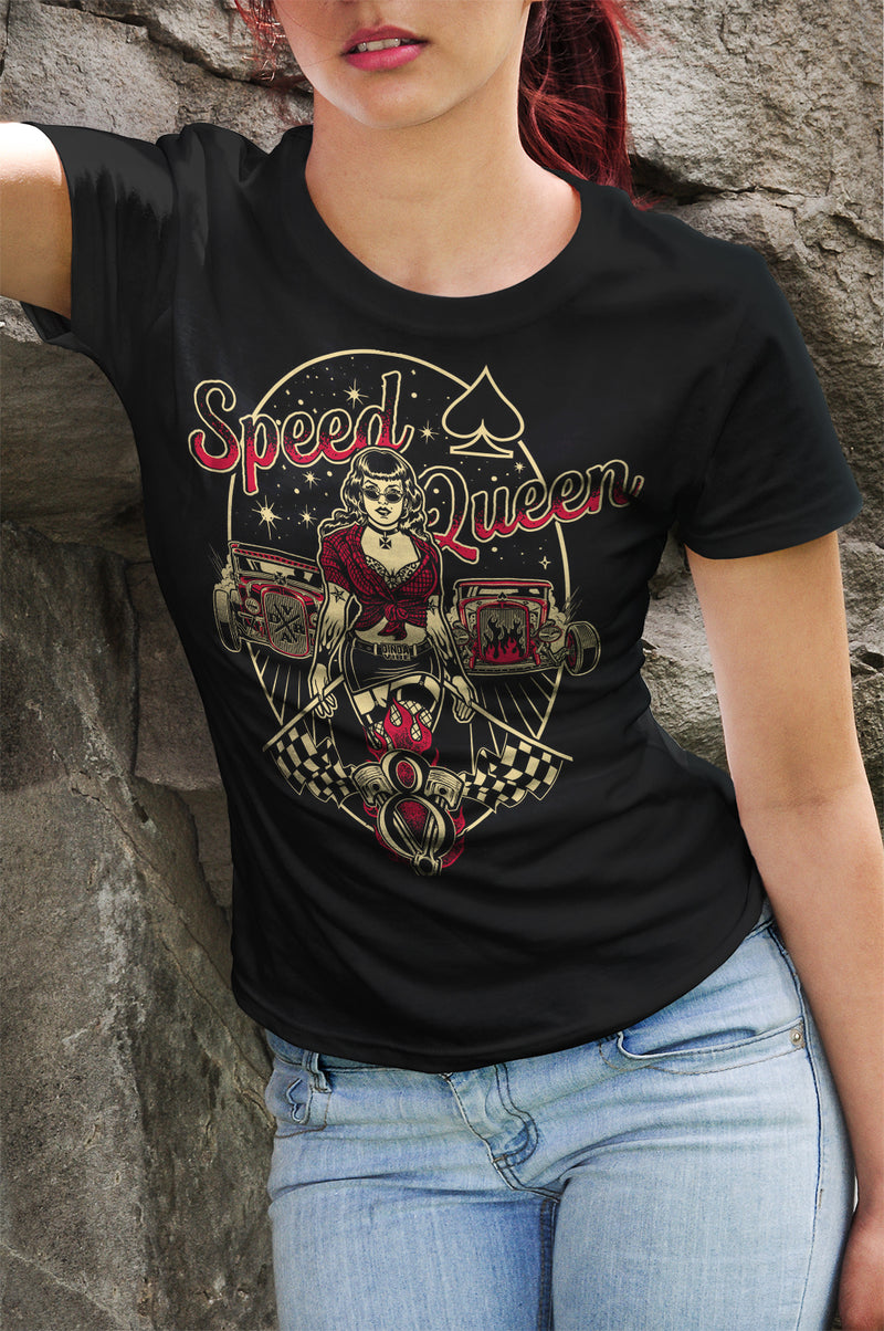 SPEED QUEEN - HOT ROD Pin Up Girl V8 Rockabilly T-Shirt Ladies