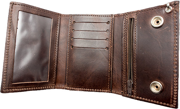 Leather WALLET Minimax (Small & Large Space) PIRATE SKULL Special Made in USA - BROWN